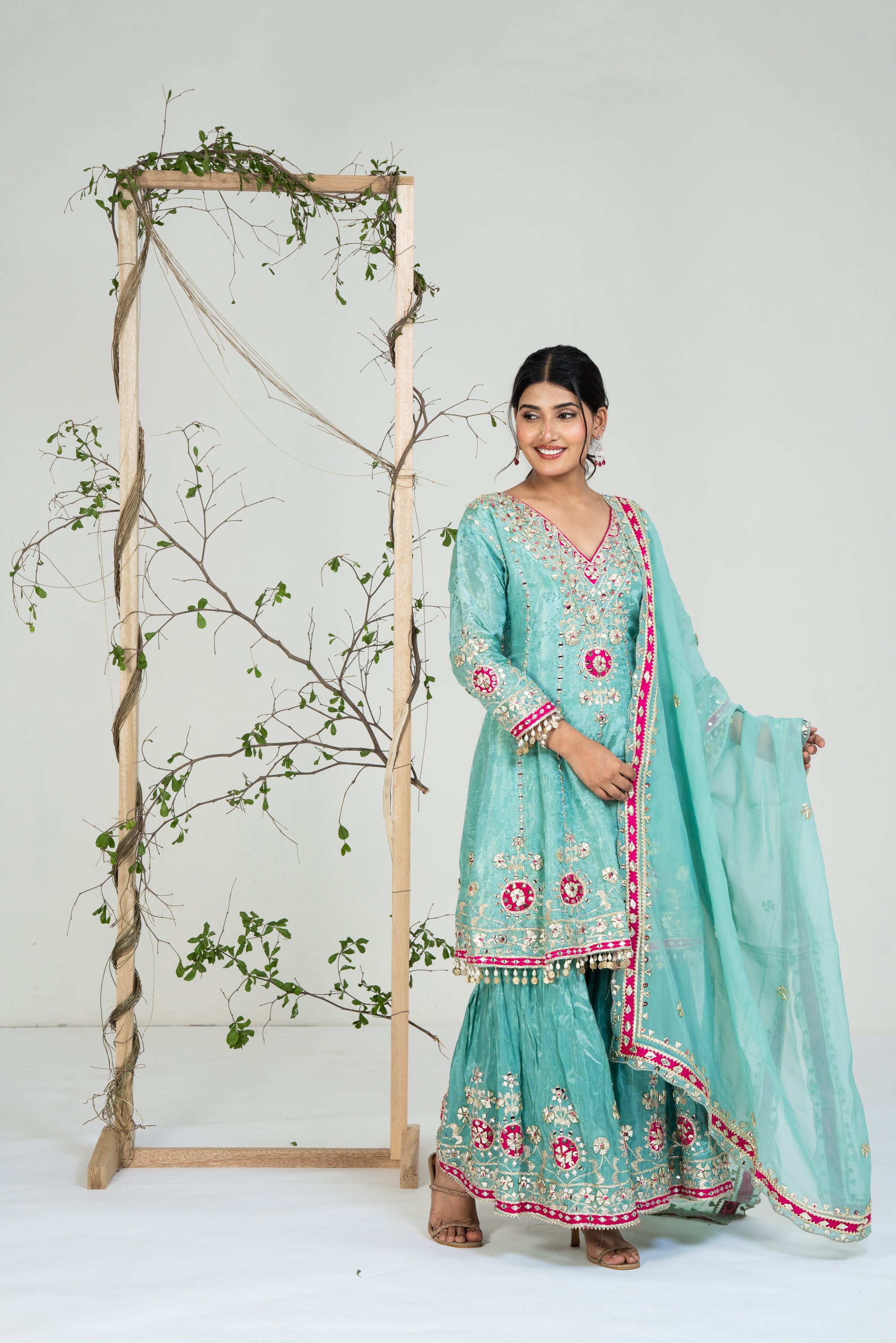 Blue and Pink Gota Patti Kaftan Set