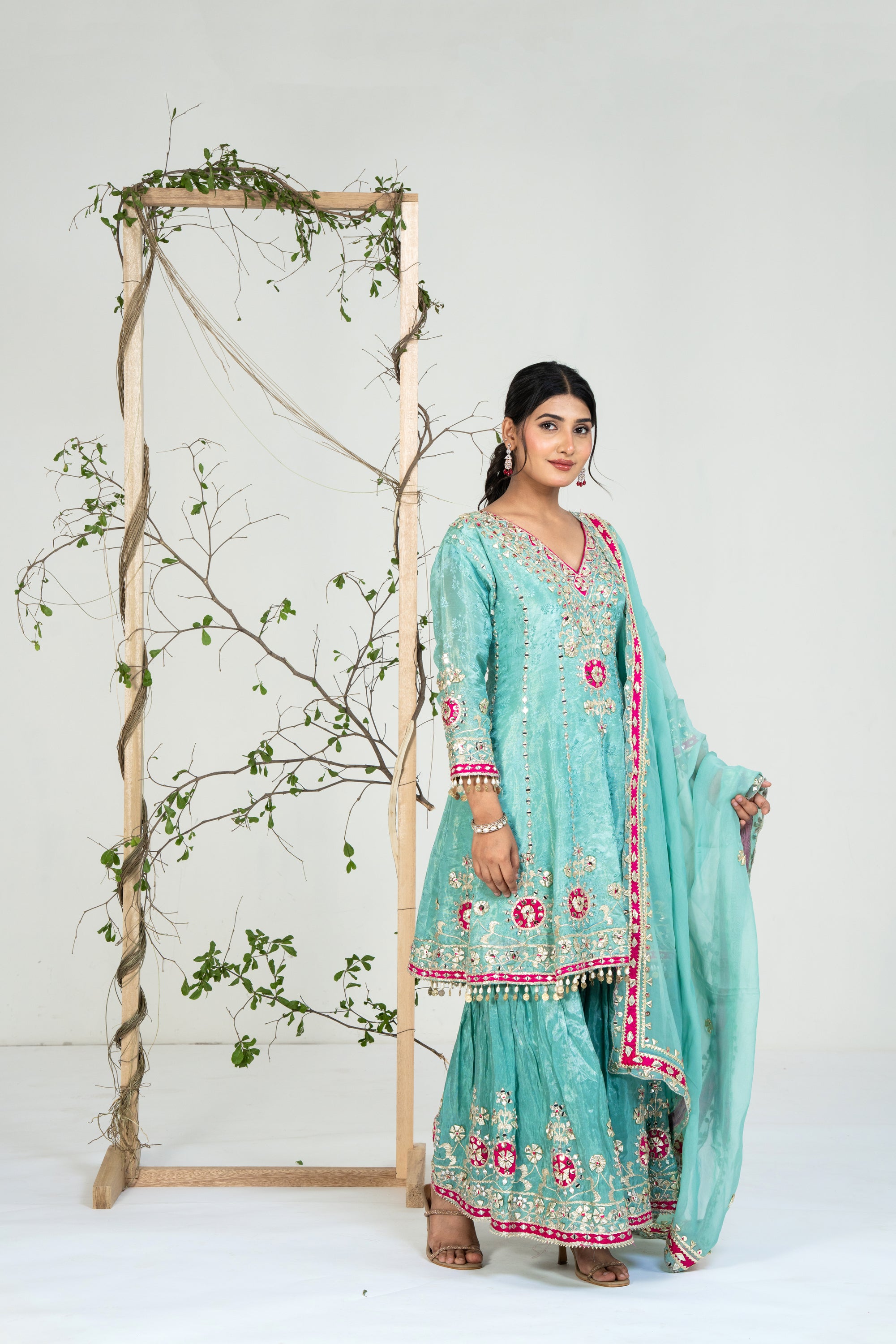 Blue and Pink Gota Patti Kaftan Set
