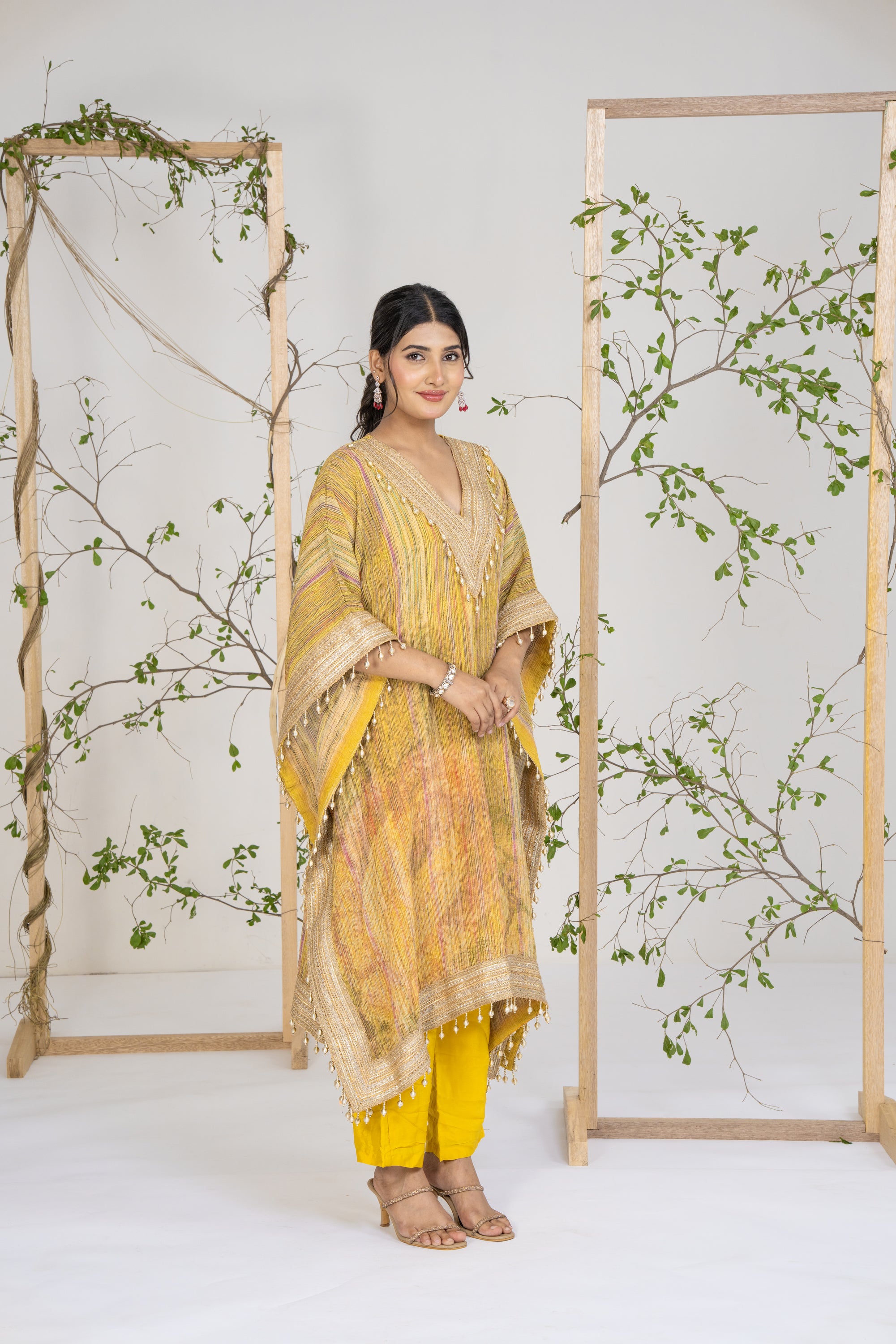 Multicolor Stripes Pattern Kaftan Set Yellow