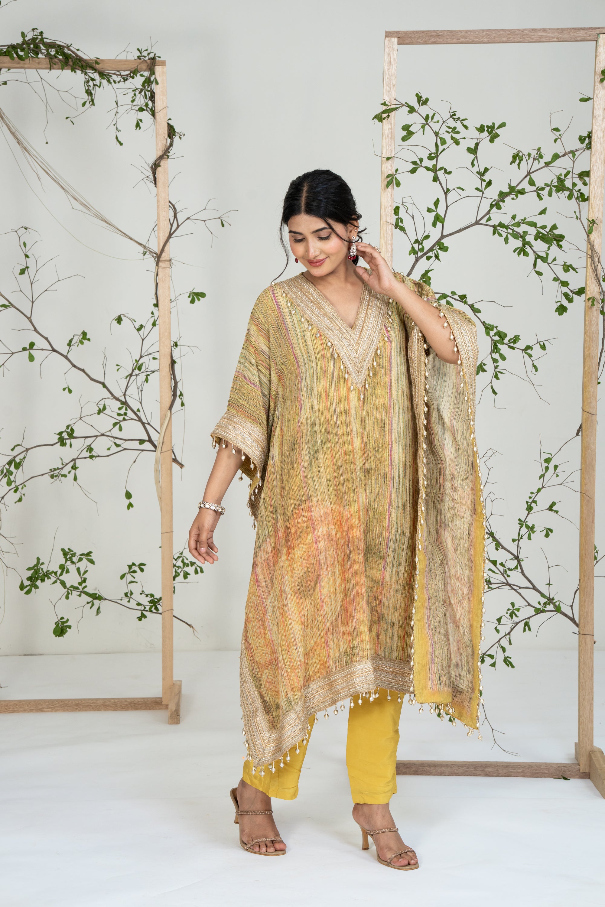Multicolor Stripes Pattern Kaftan Set Yellow