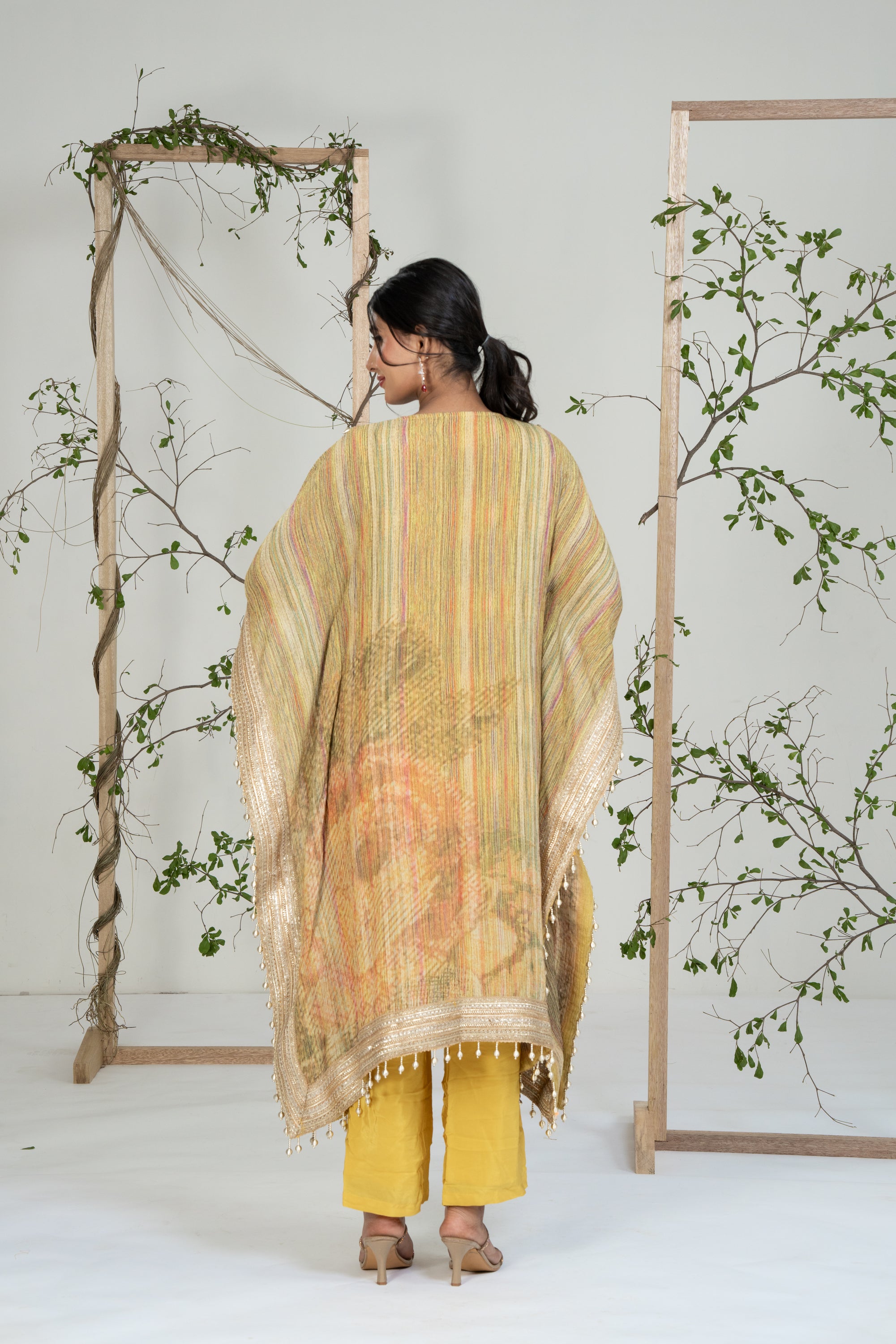 Multicolor Stripes Pattern Kaftan Set Yellow