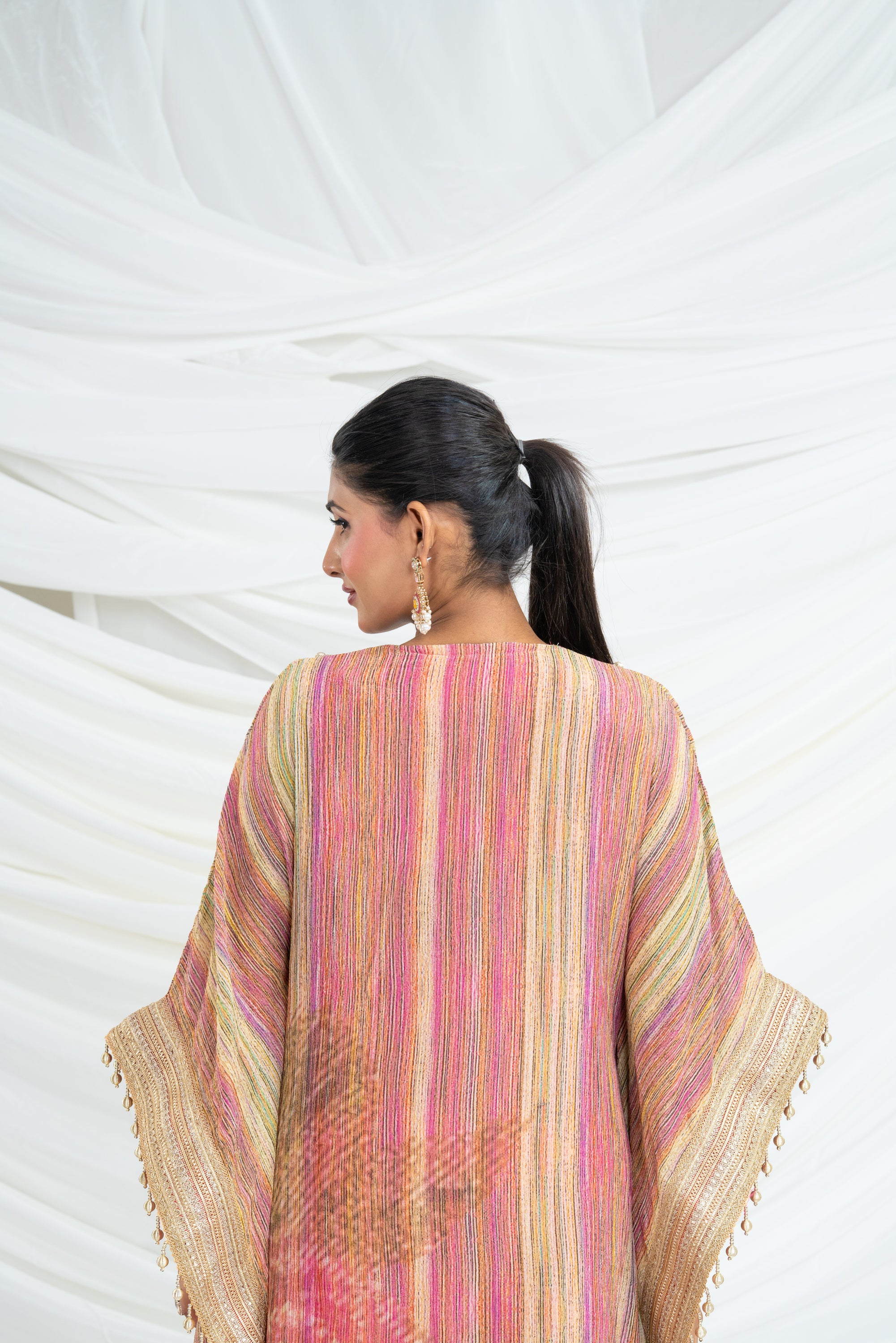 Multicolor Stripes Pattern Kaftan Set Pink
