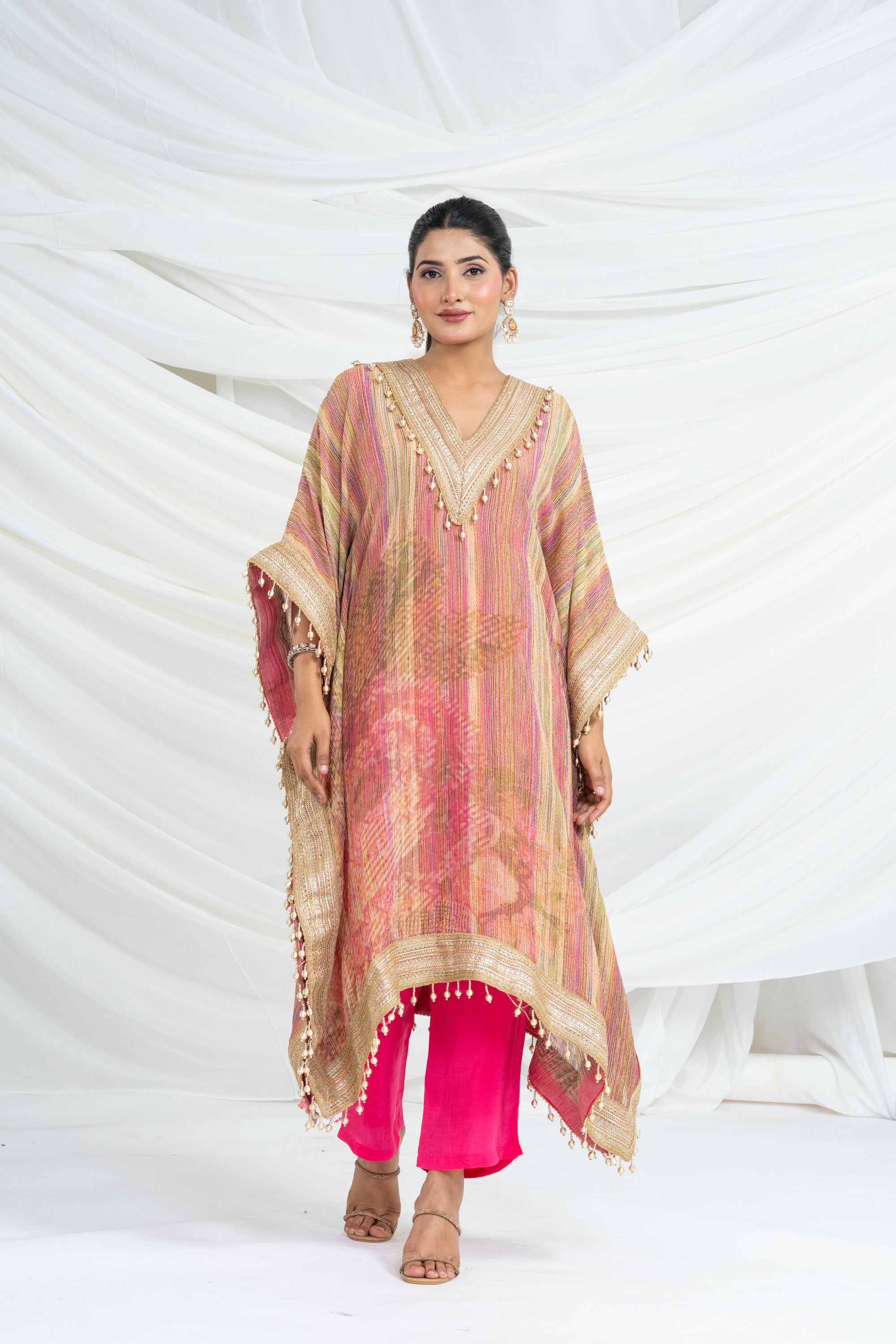 Multicolor Stripes Pattern Kaftan Set Pink