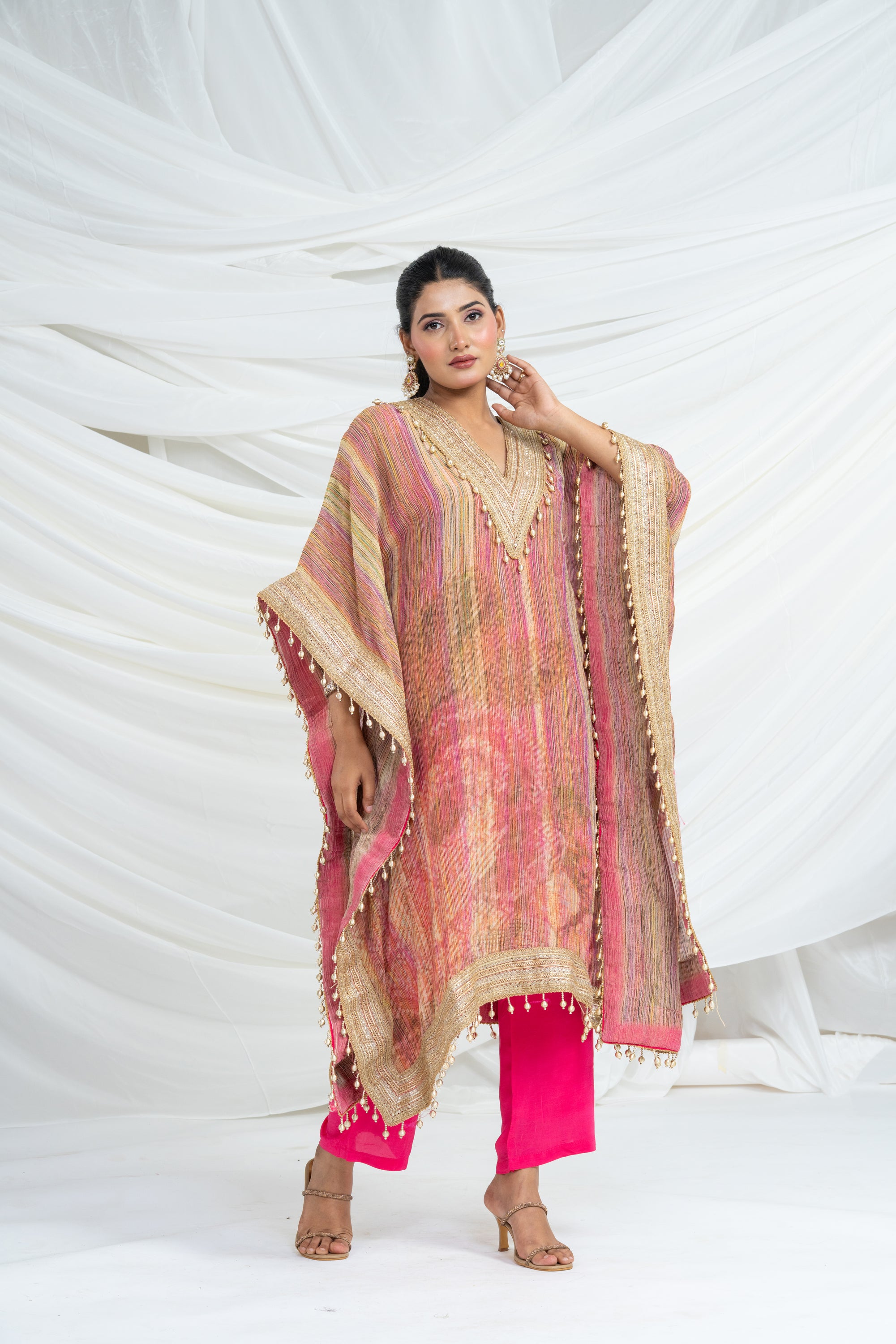 Multicolor Stripes Pattern Kaftan Set Pink