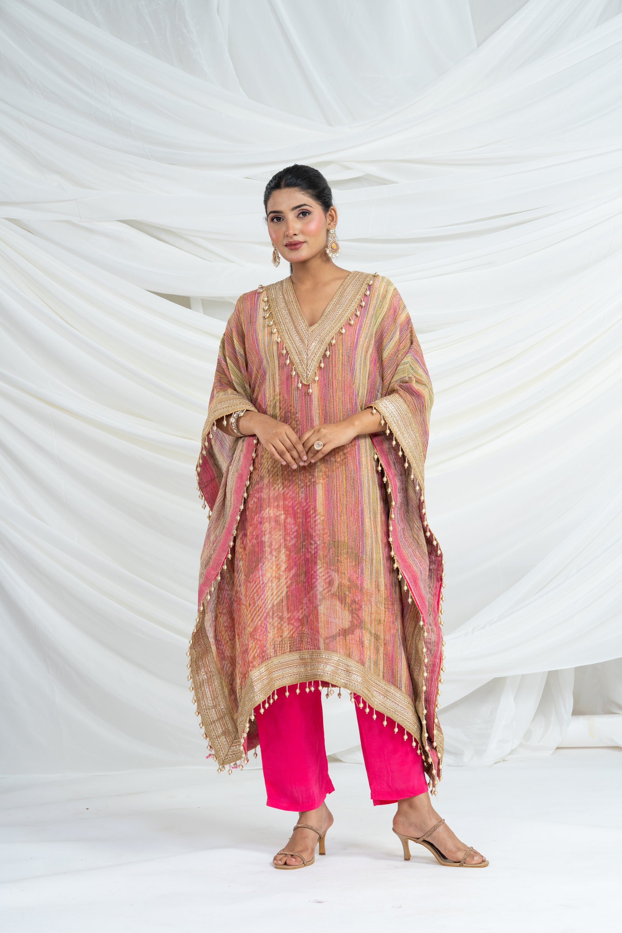 Multicolor Stripes Pattern Kaftan Set Pink