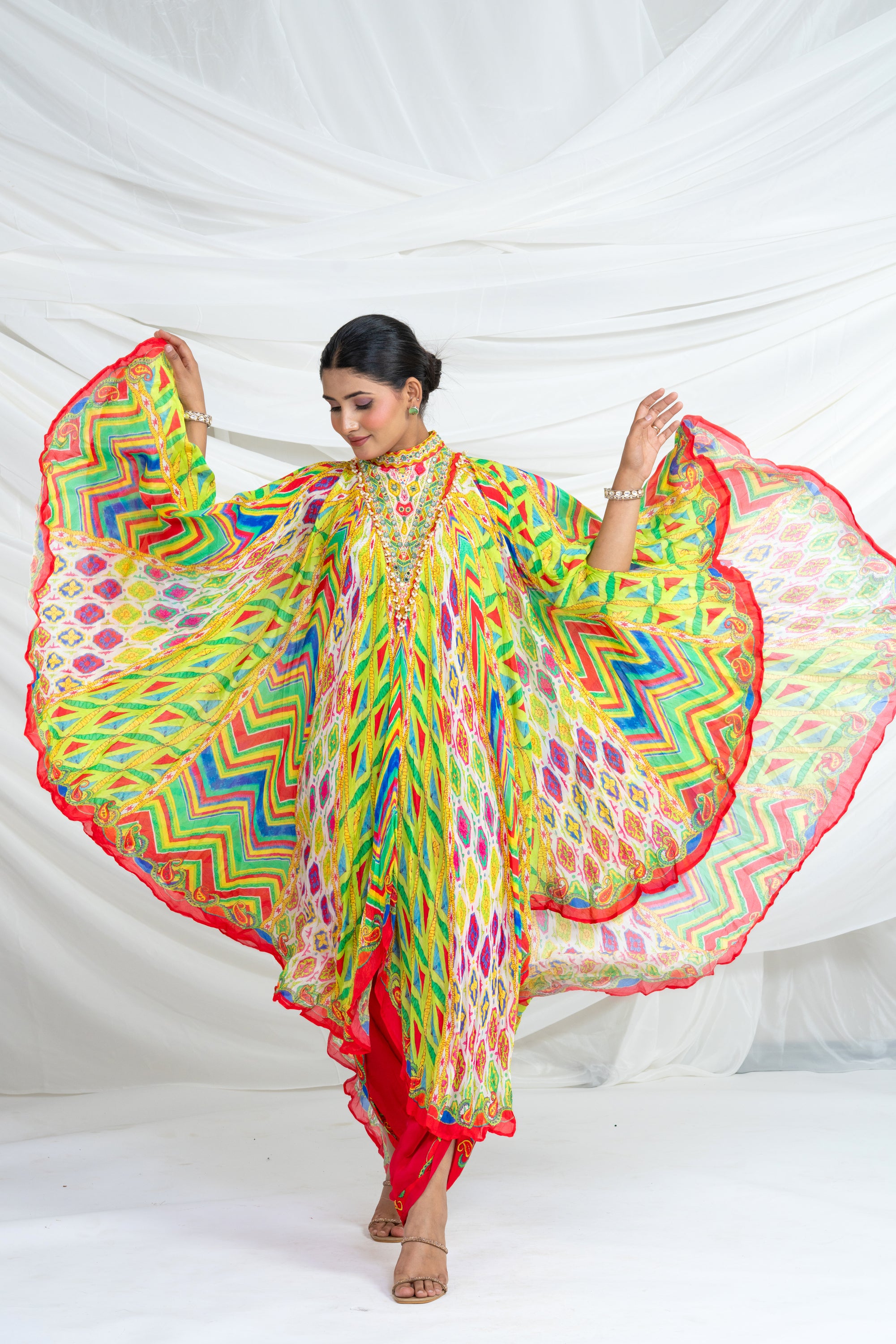 Multicolor Geometrical Pattern Kaftan Set