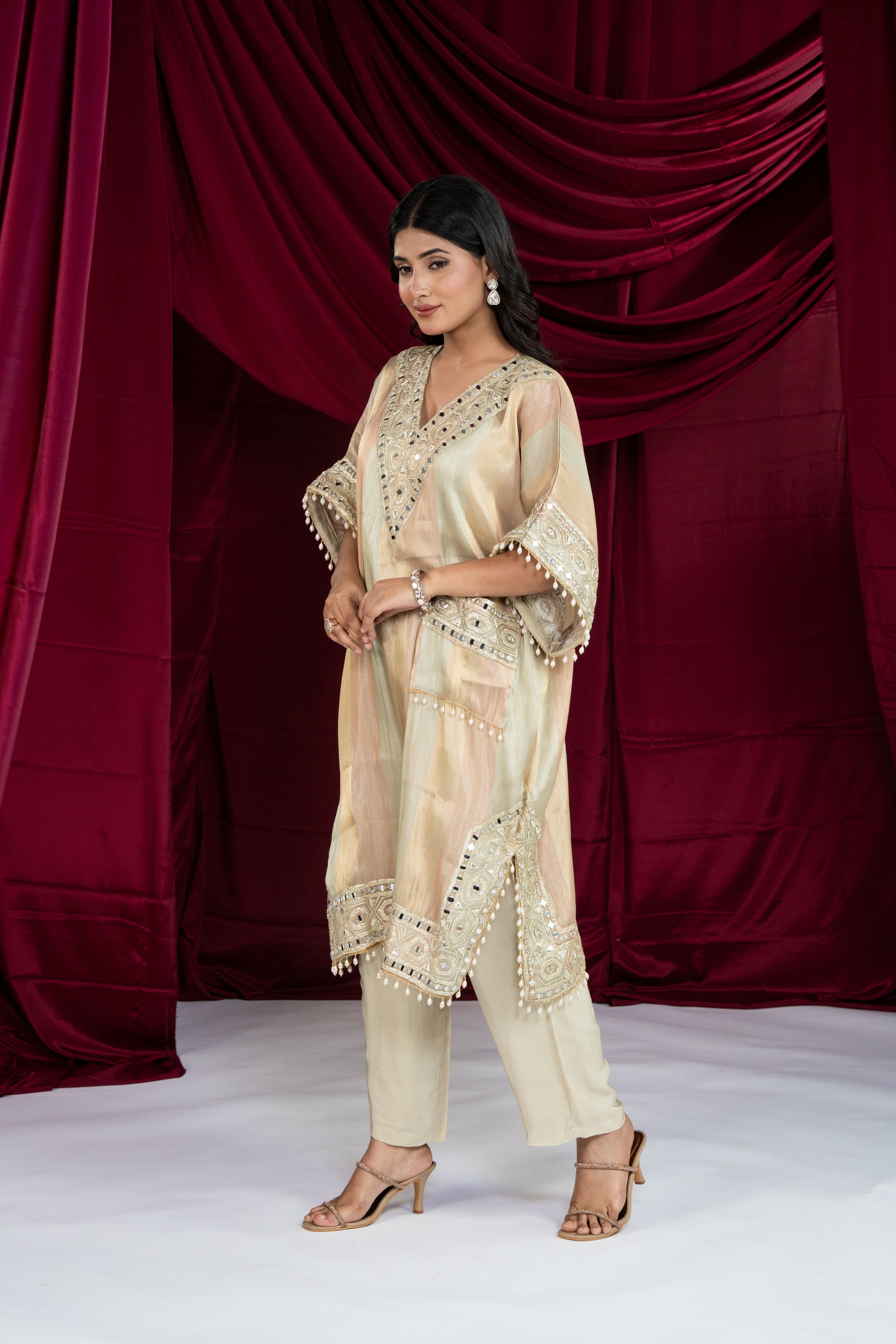 Multicolor Gold Tissue Kaftan Set
