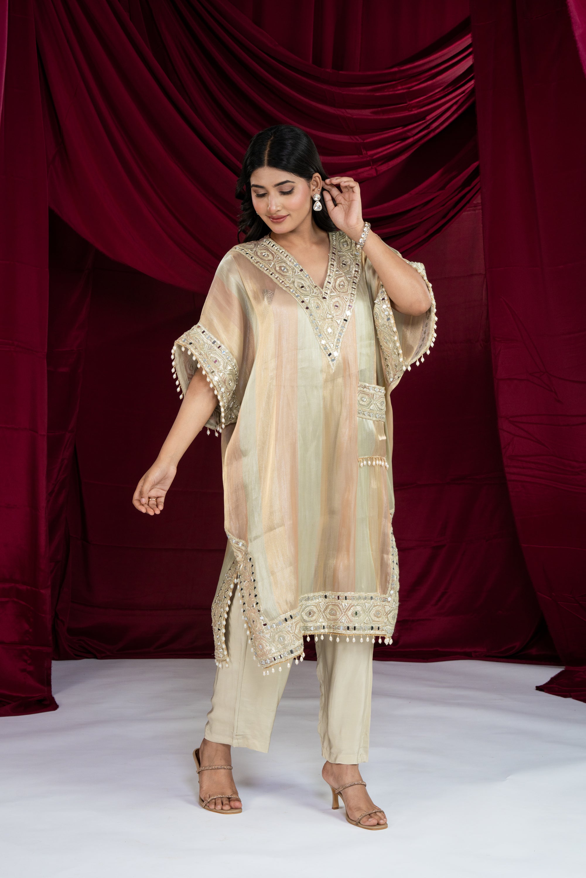 Multicolor Gold Tissue Kaftan Set