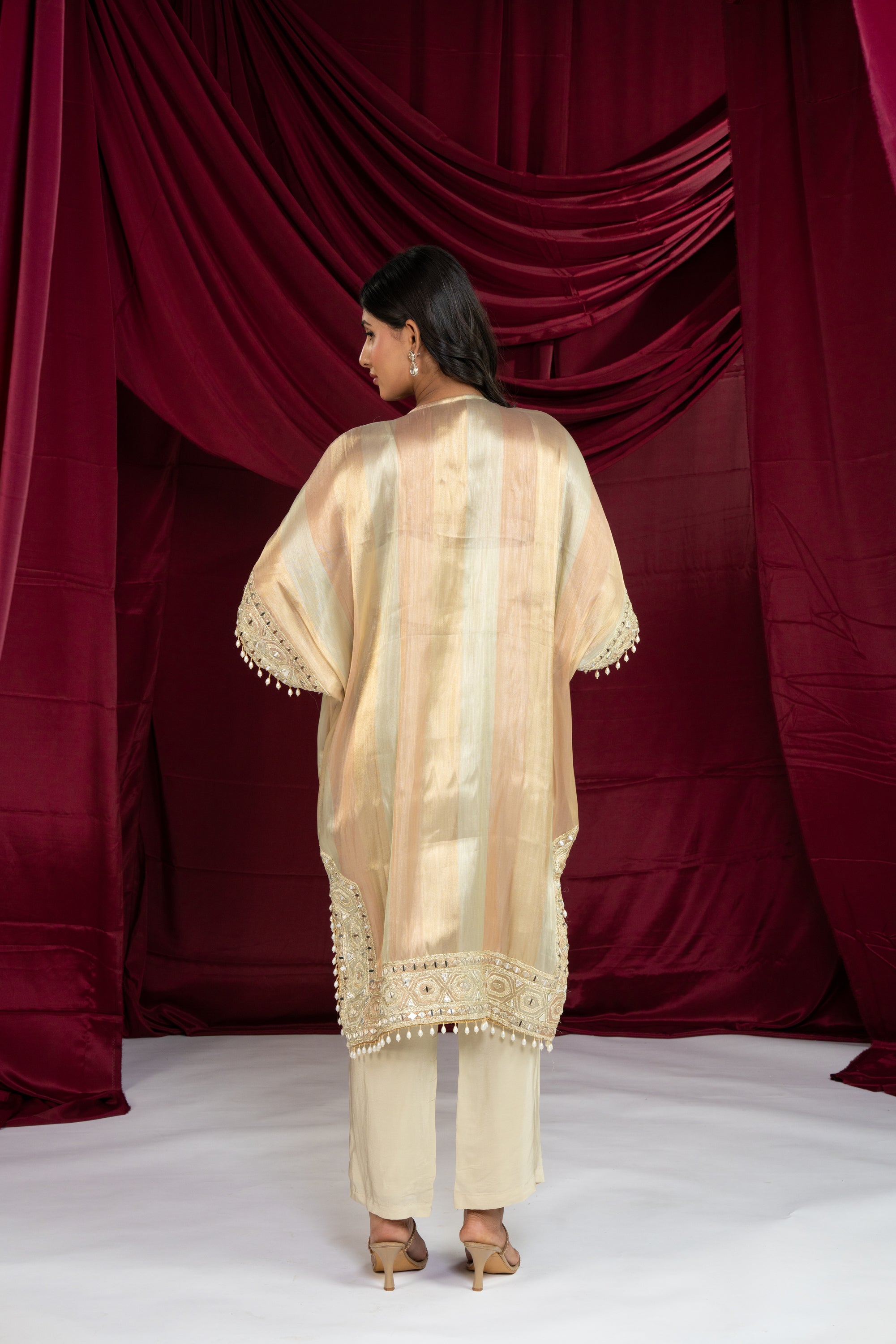 Multicolor Gold Tissue Kaftan Set