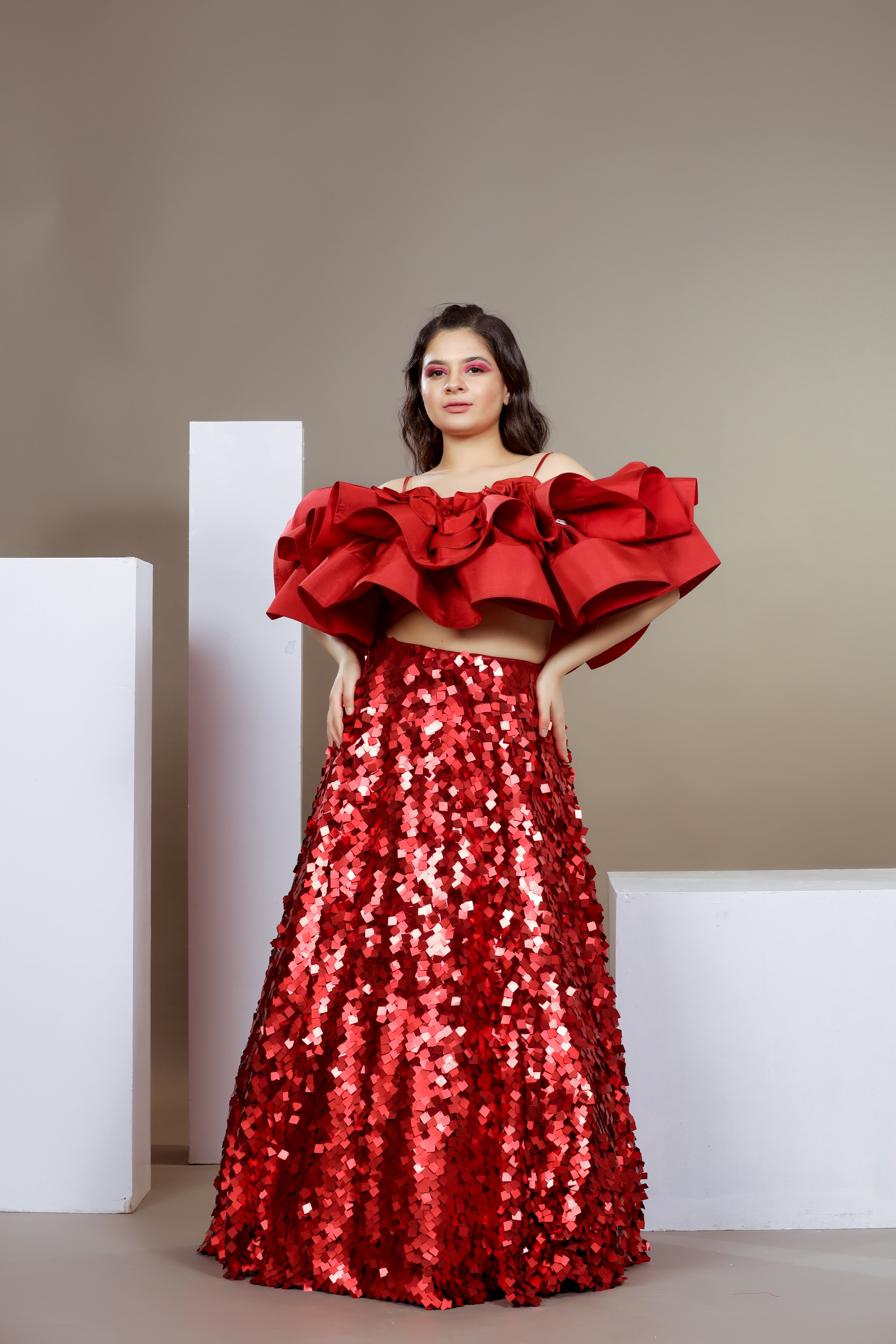 Red Sequin Off-Shoulder Set