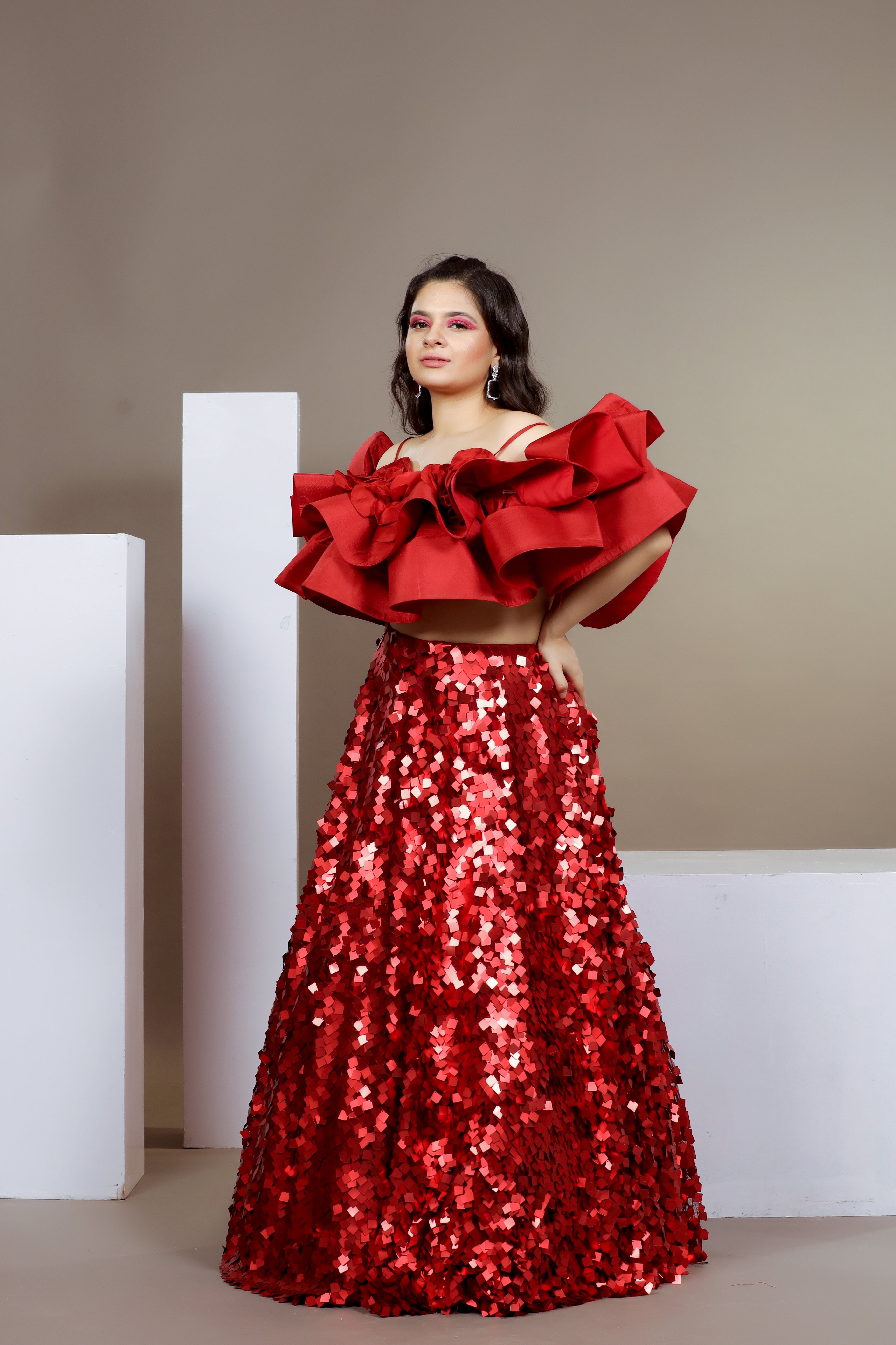 Red Sequin Off-Shoulder Set