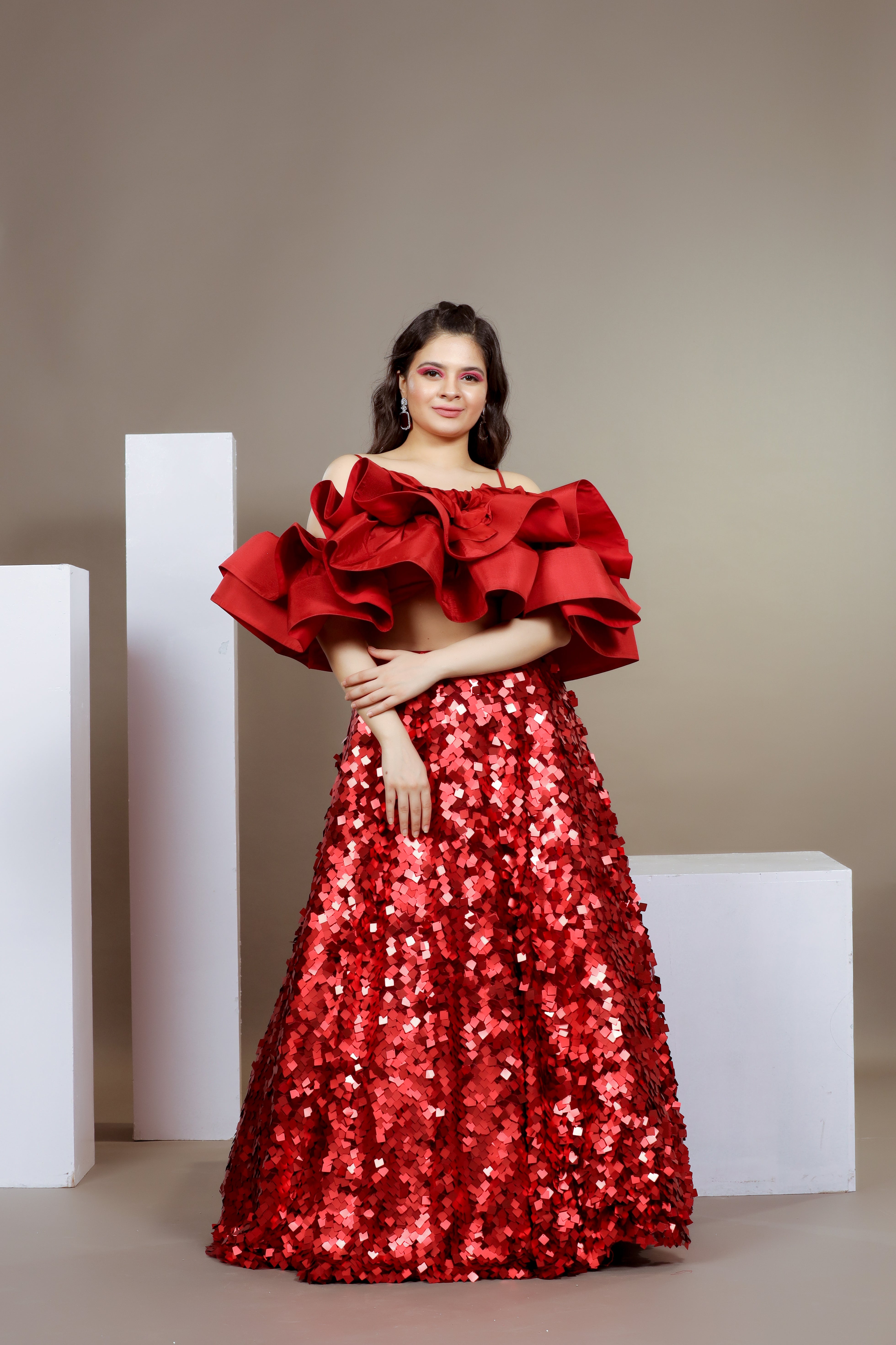Red Sequin Off-Shoulder Set