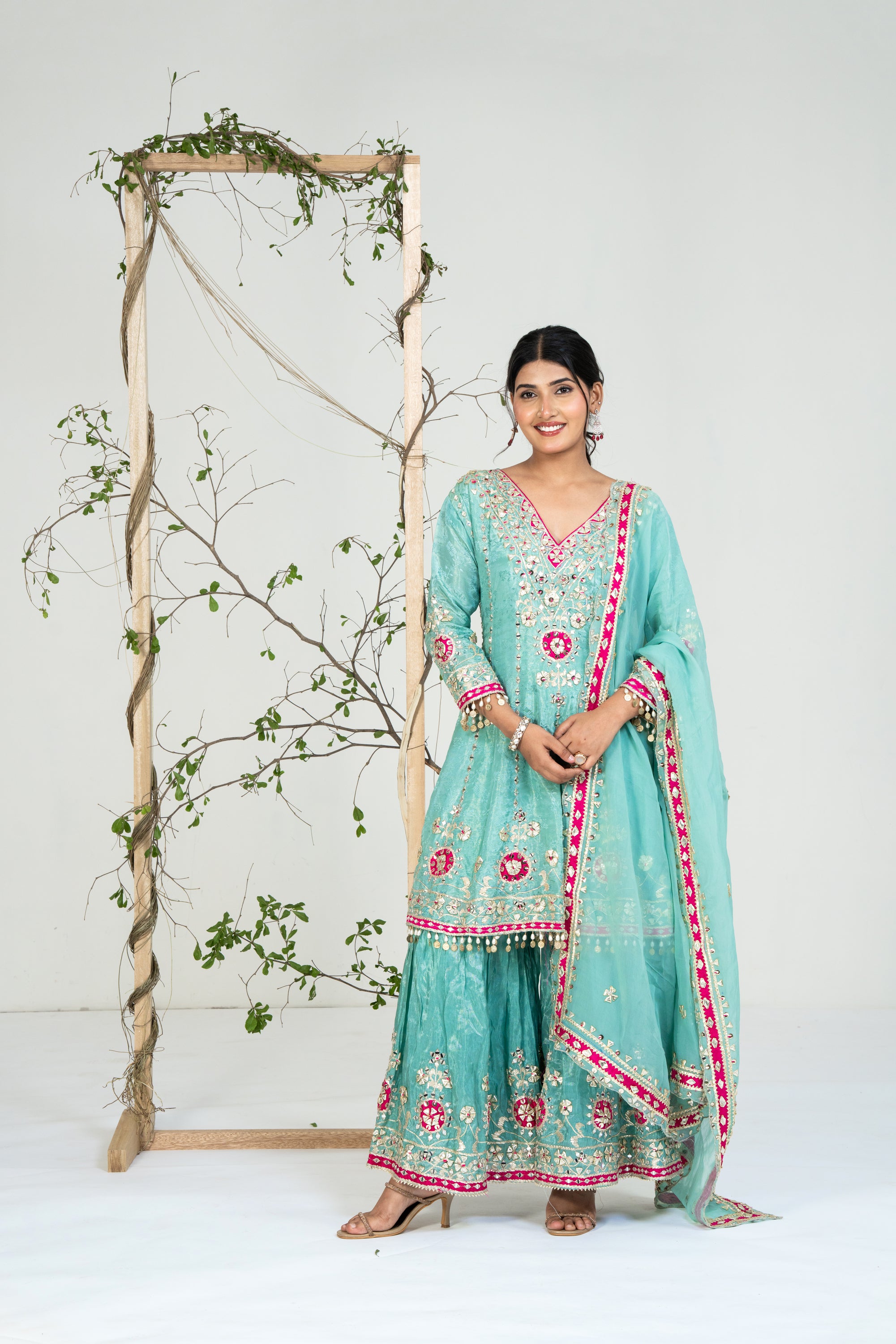 Blue and Pink Gota Patti Kaftan Set