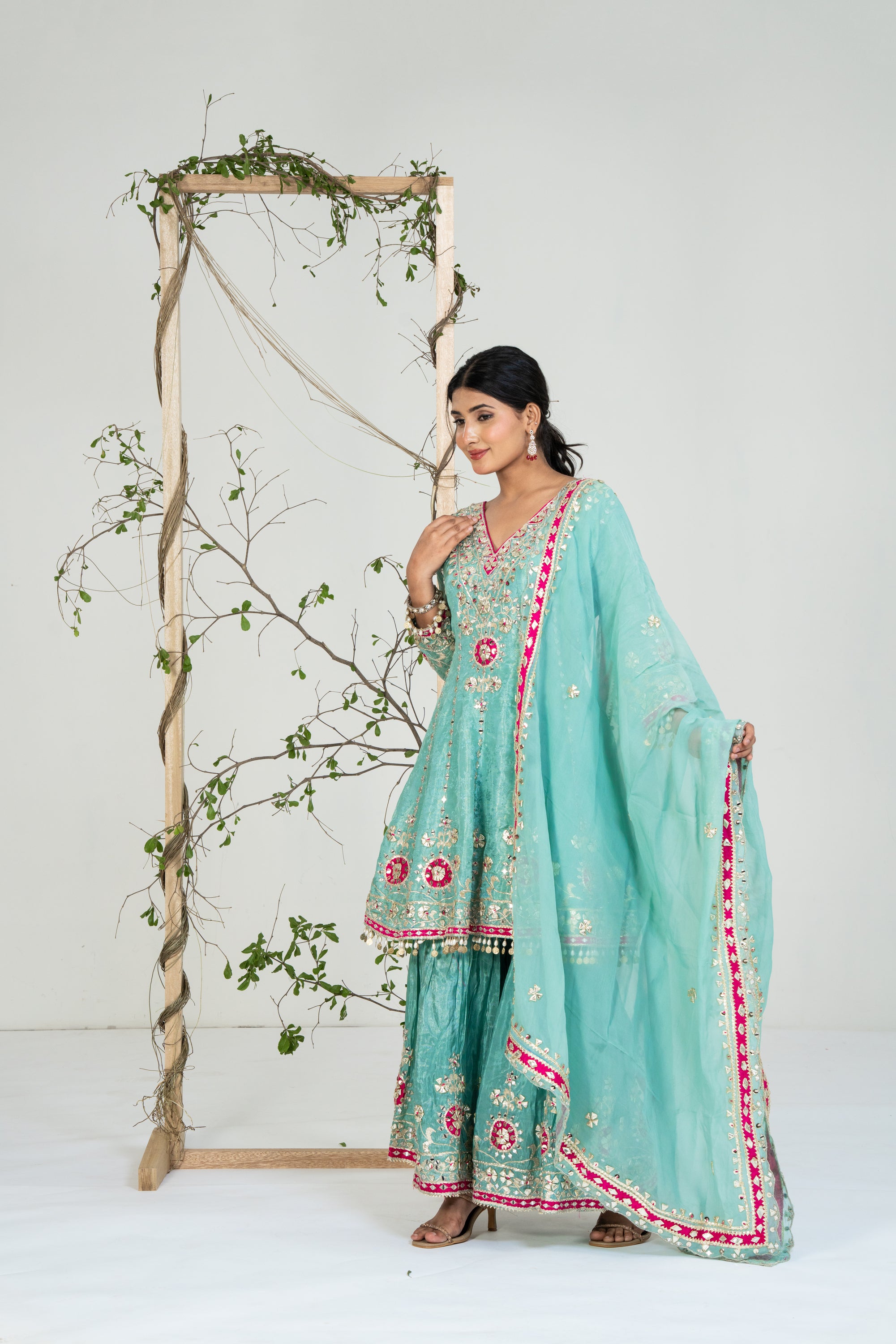 Blue and Pink Gota Patti Kaftan Set