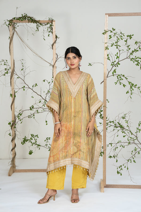 Multicolor Stripes Pattern Kaftan Set Yellow