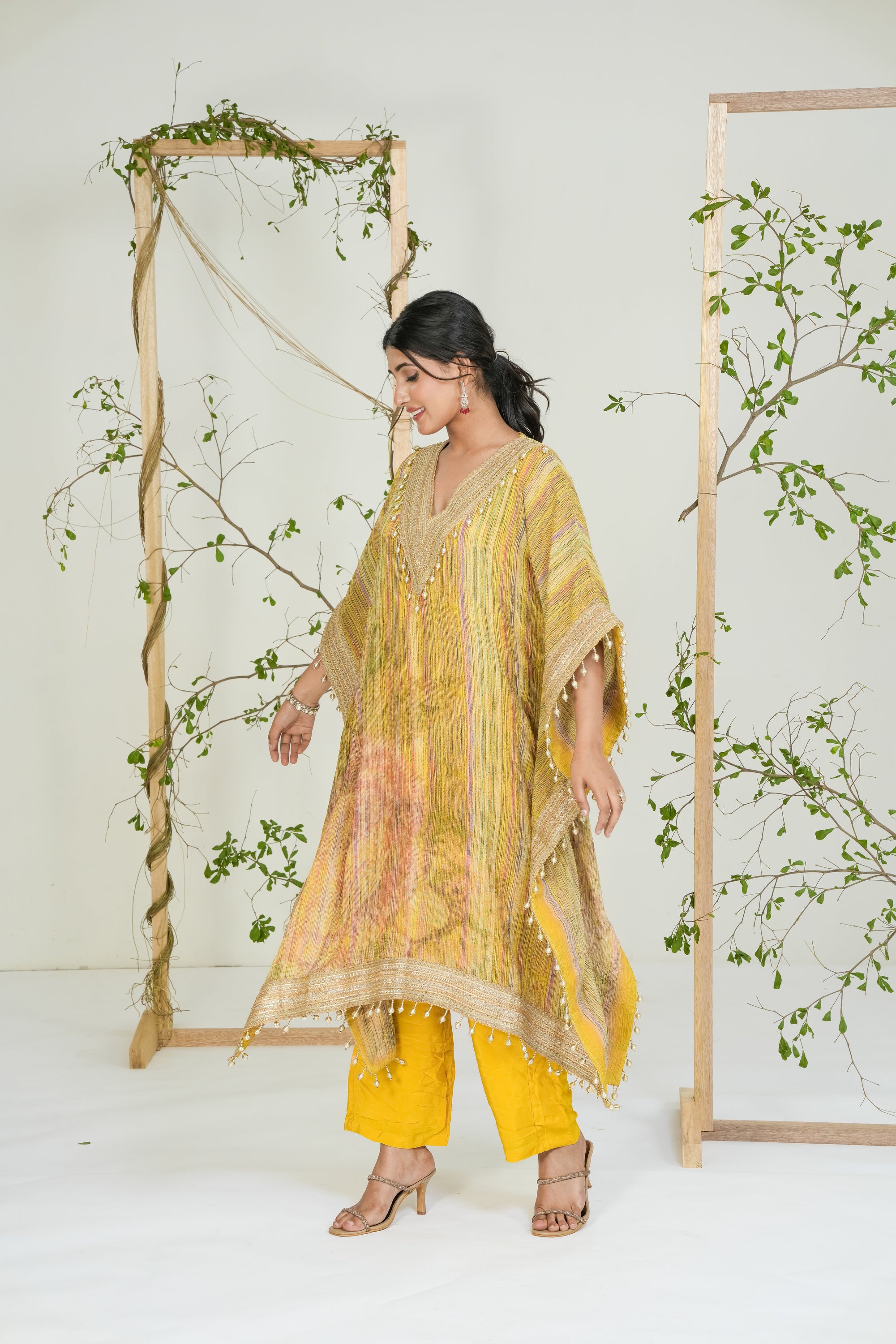 Multicolor Stripes Pattern Kaftan Set Yellow