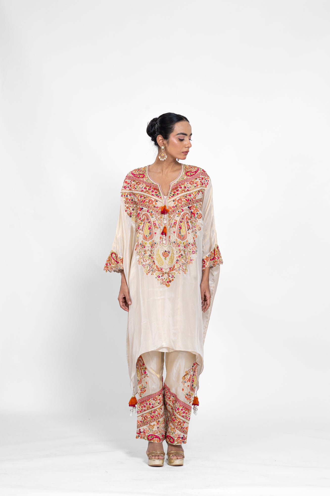 Golden Tissue Kaftan Set with Pants