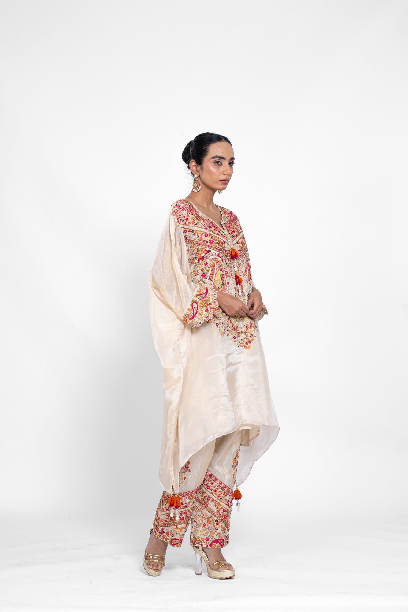 Golden Tissue Kaftan Set with Pants