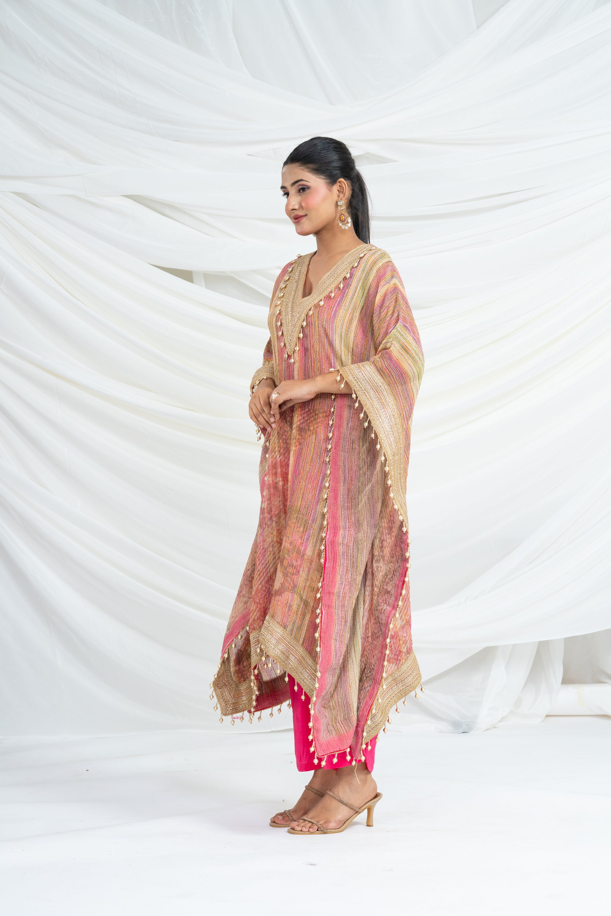 Multicolor Stripes Pattern Kaftan Set Pink