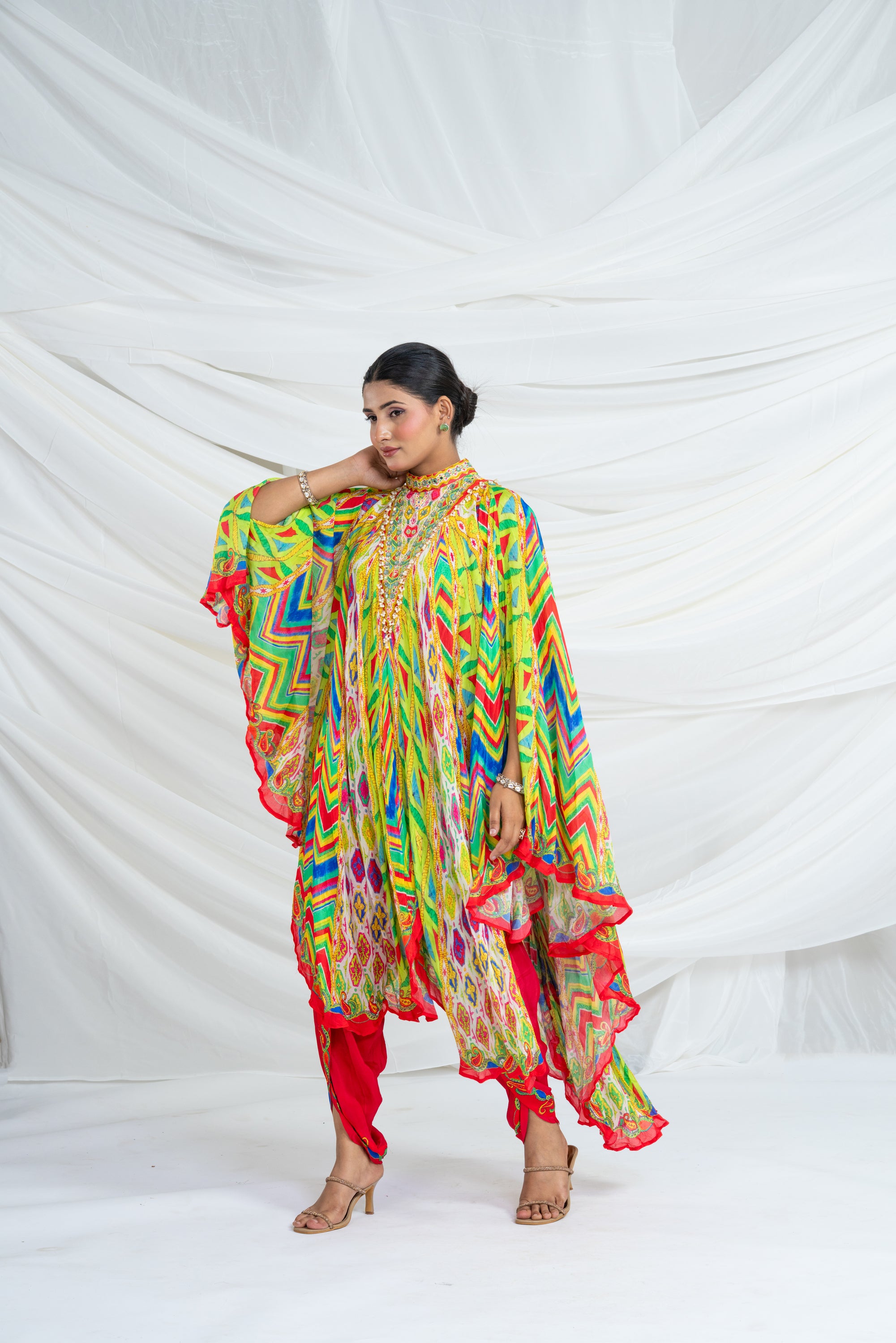 Multicolor Geometrical Pattern Kaftan Set