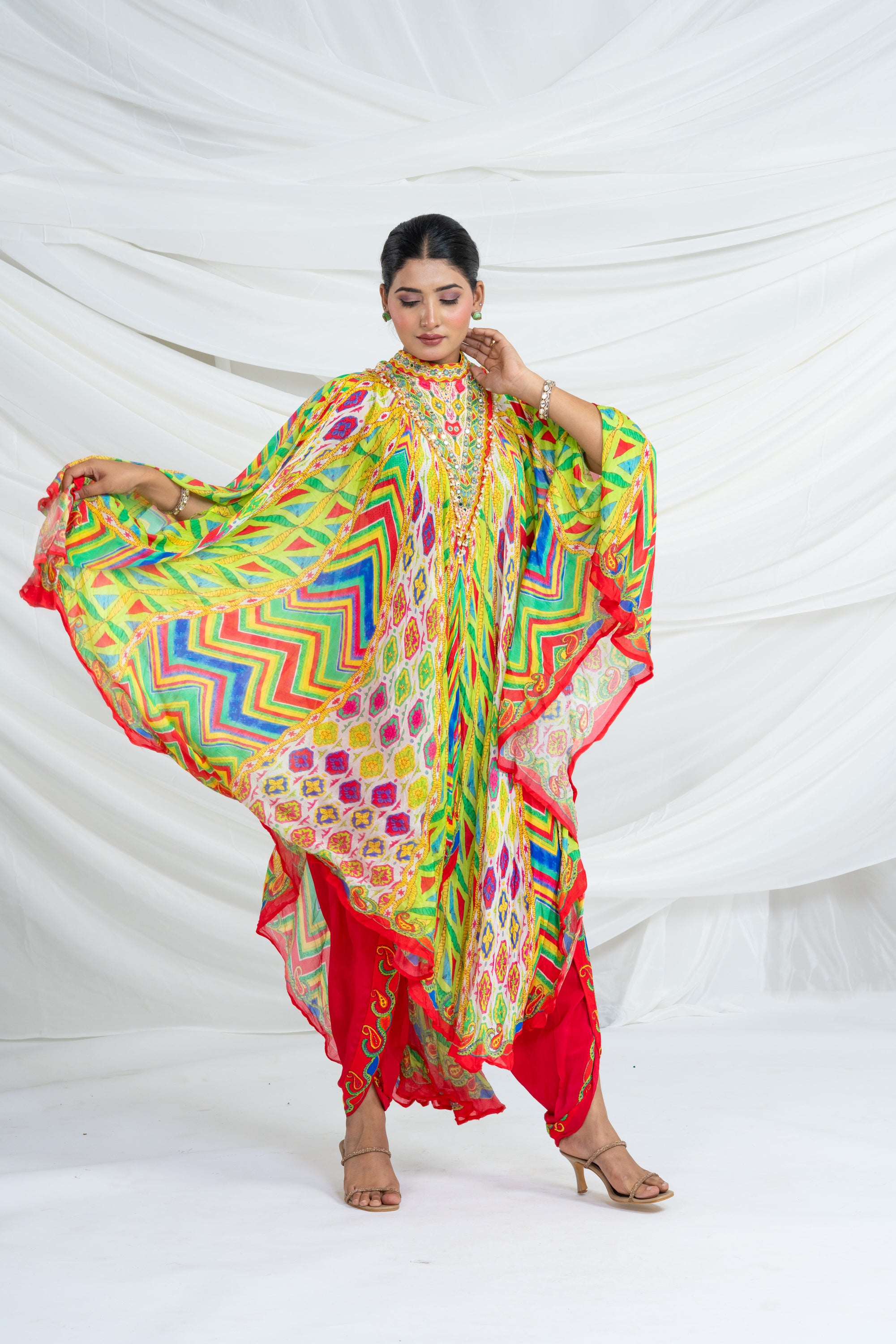 Multicolor Geometrical Pattern Kaftan Set