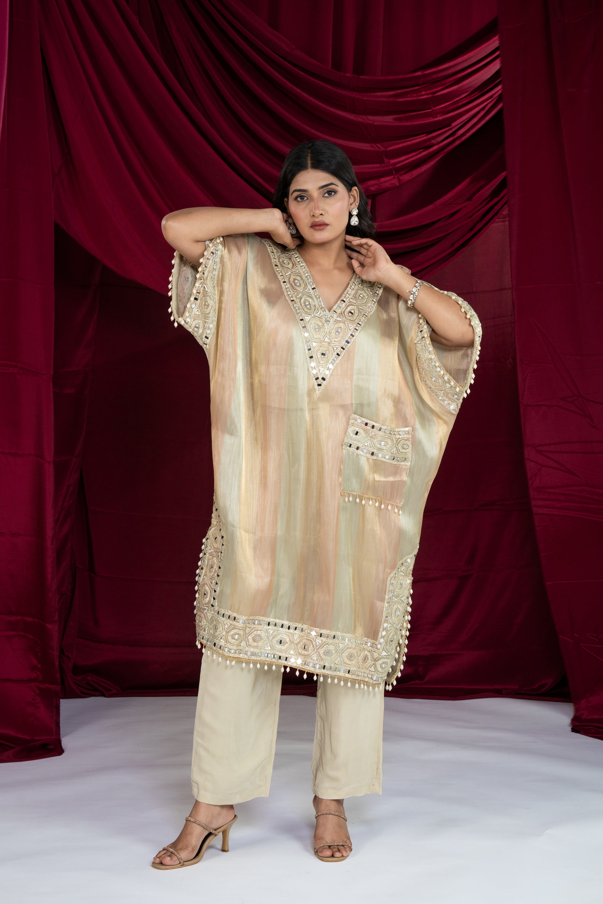 Multicolor Gold Tissue Kaftan Set