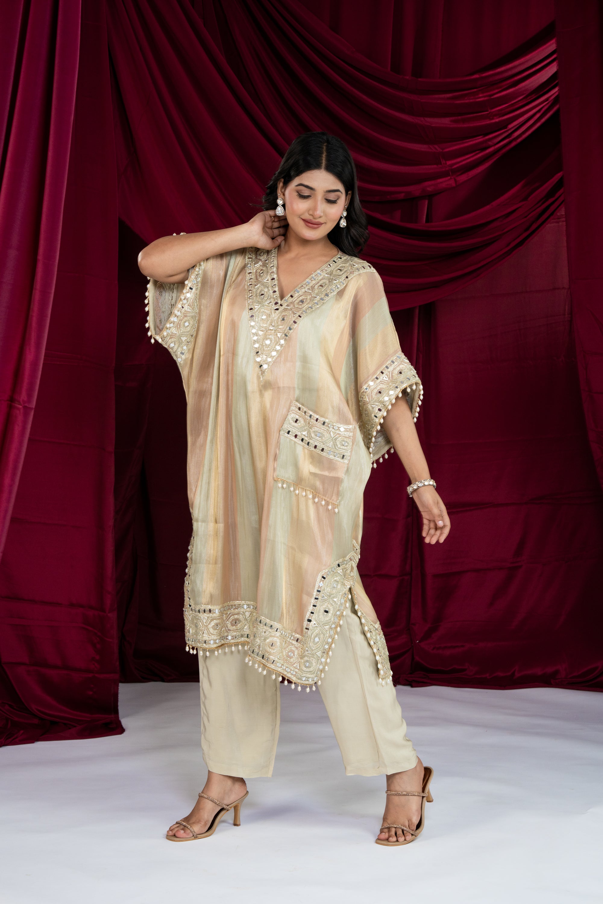 Multicolor Gold Tissue Kaftan Set